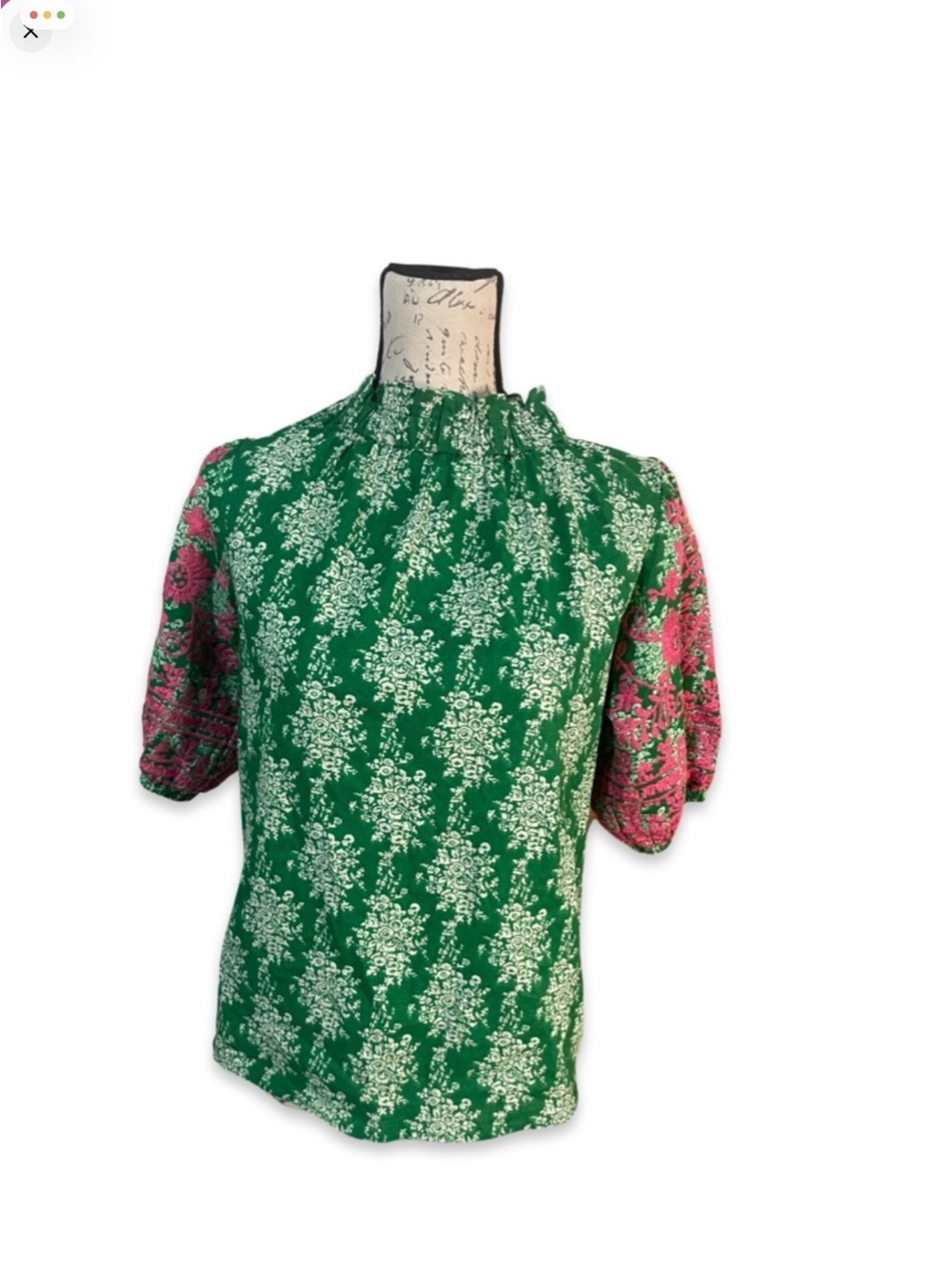 THML Green & Pink Mixed-Print Ruffled Mock-Neck Blouse